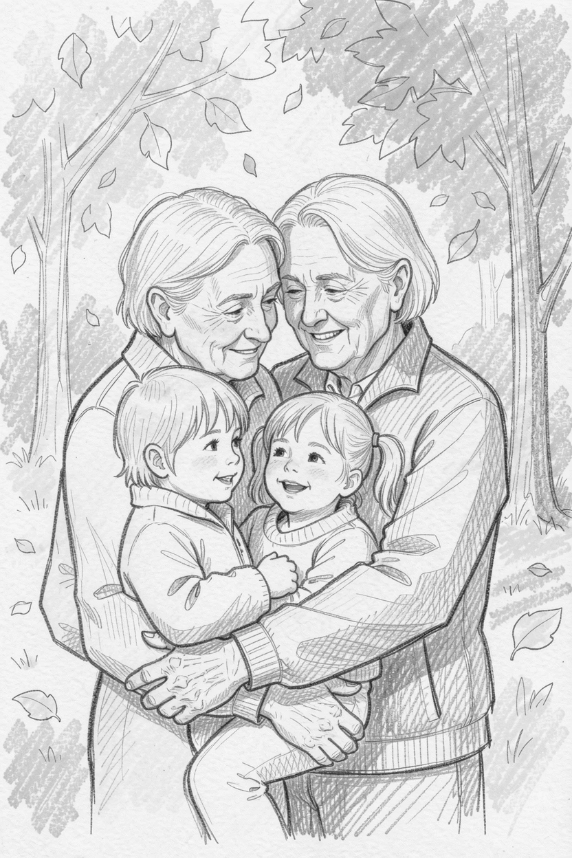 Grandparents embracing their grandchildren, on a golden autumn afternoon, full of gentle affection.