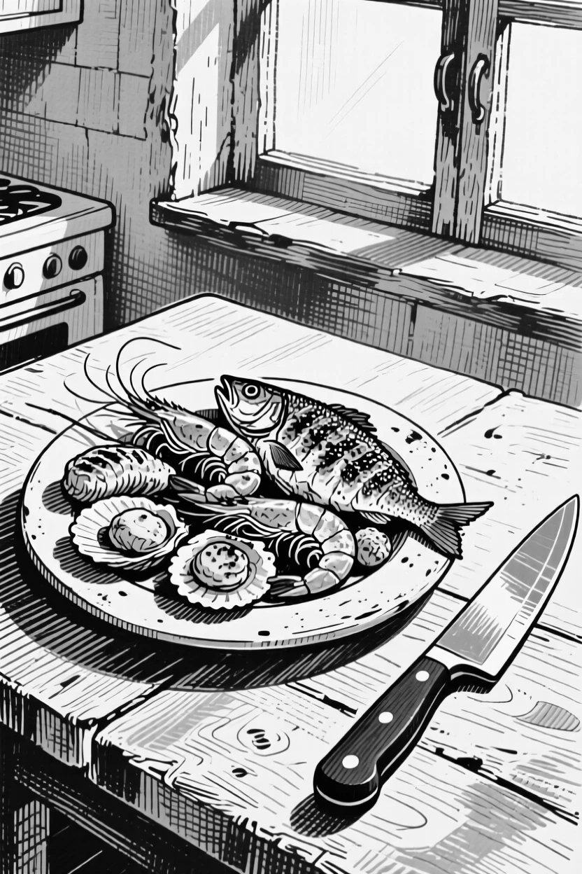 A plate of grilled seafood displayed under the soft light of a kitchen window, with a knife resting beside it, presented in a rustic and homely culinary still life.