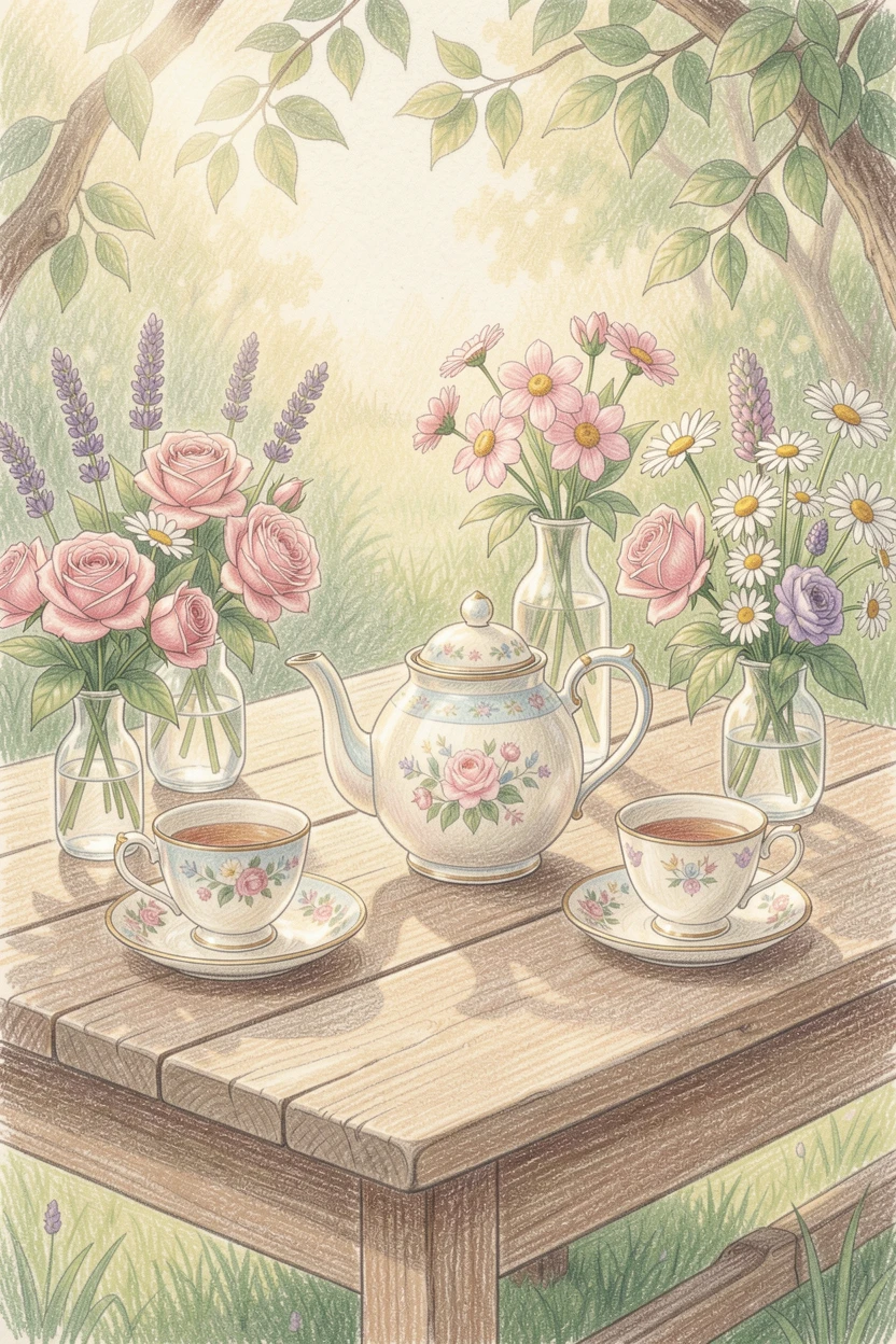 A garden tea party set with vintage china and fresh flowers, set against a softly lit, atmospheric backdrop, perfect for anyone drawn to gentle, heartfelt imagery.