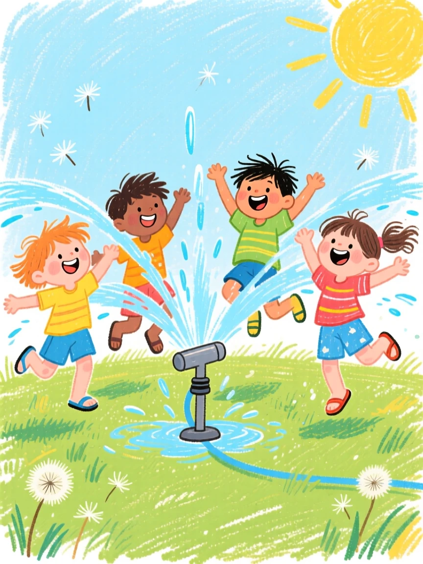 A group of children jumping through a lawn sprinkler on a hot day.