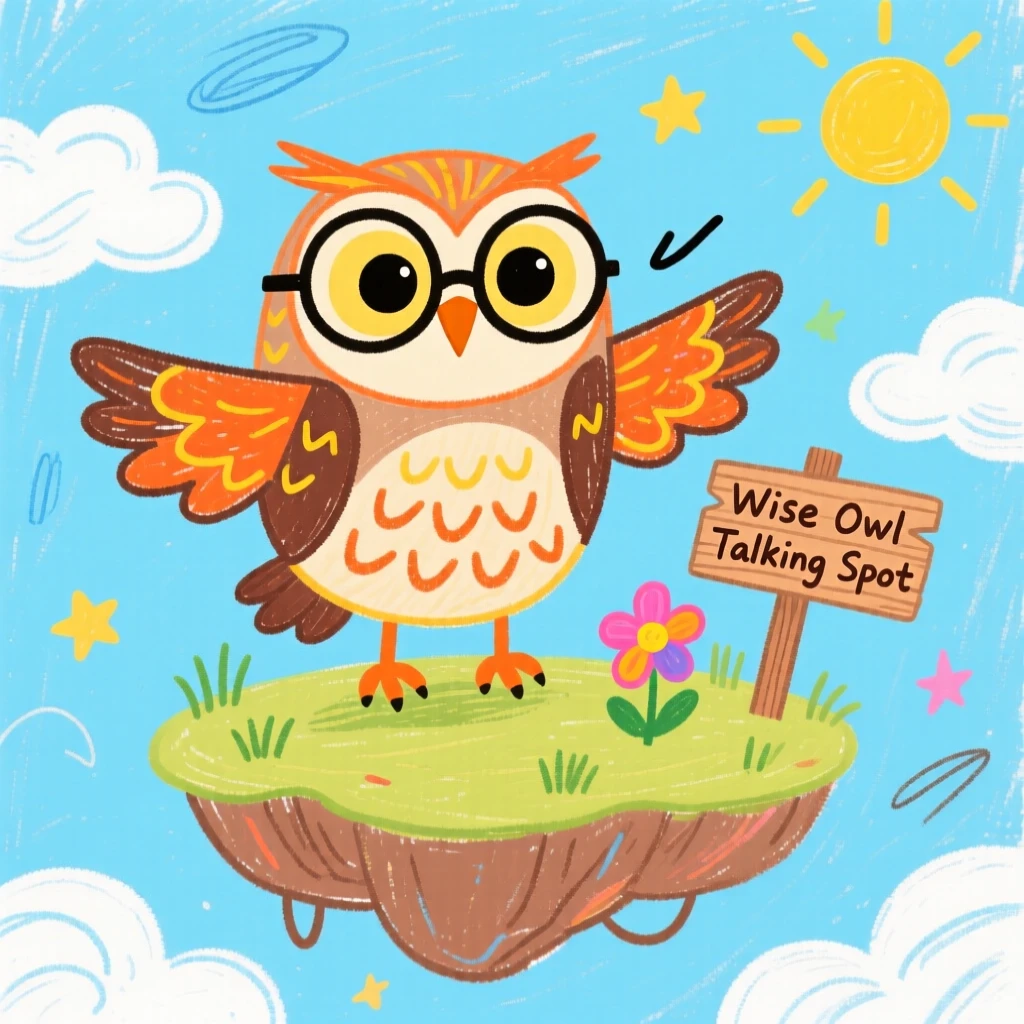 A wise talking owl wearing round spectacles atop a floating island in the sky.