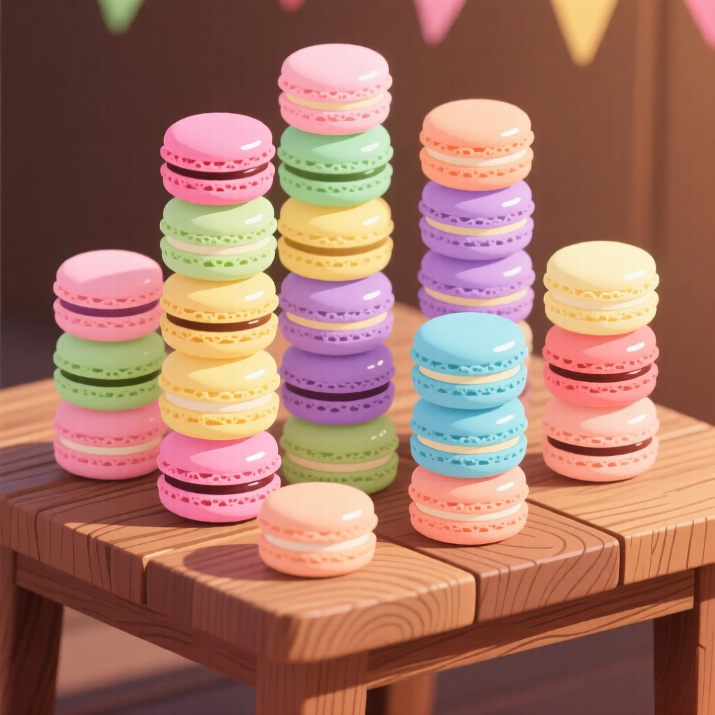 A colorful array of macaron towers stacked for a celebration, set on a rustic wooden table, shown from a slight angle to highlight layers, with glossy highlights that make the dish look freshly made.