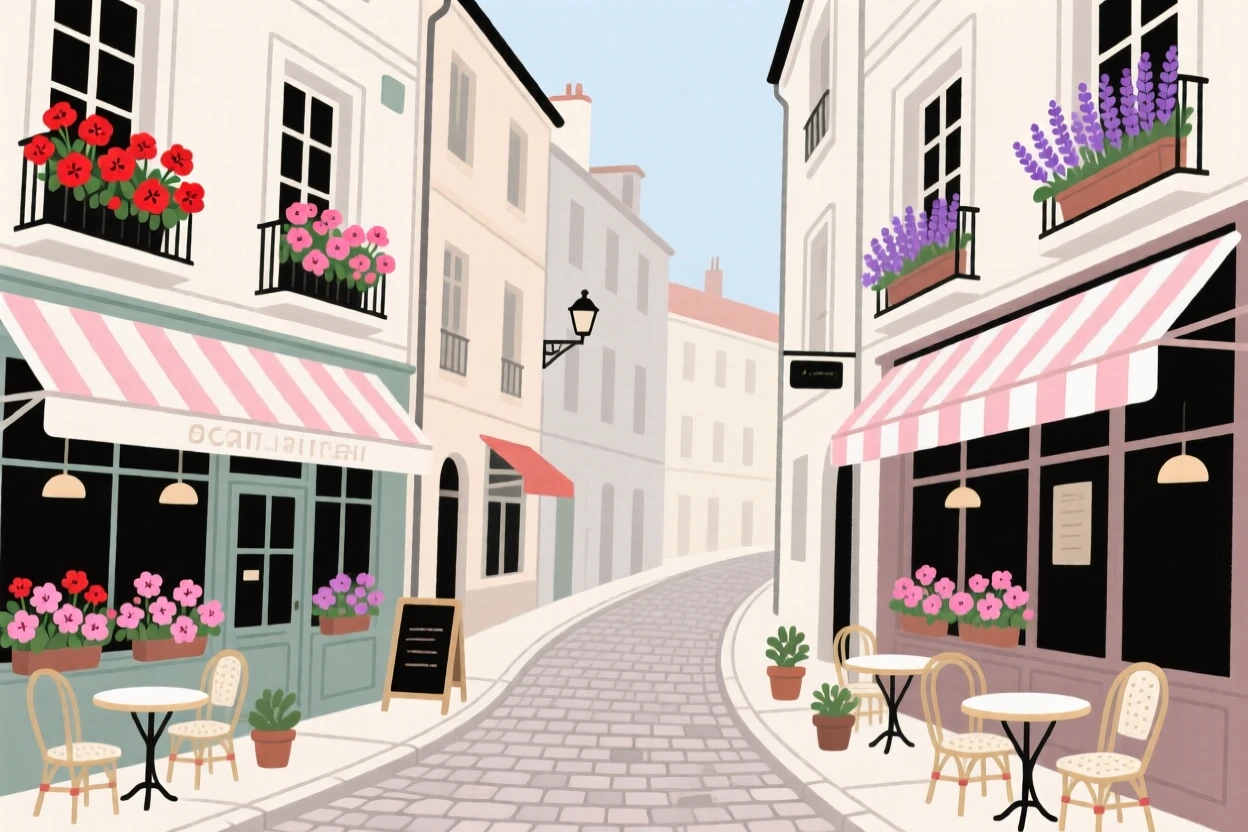 A quaint European street lined with cafes and flower-covered balconies.