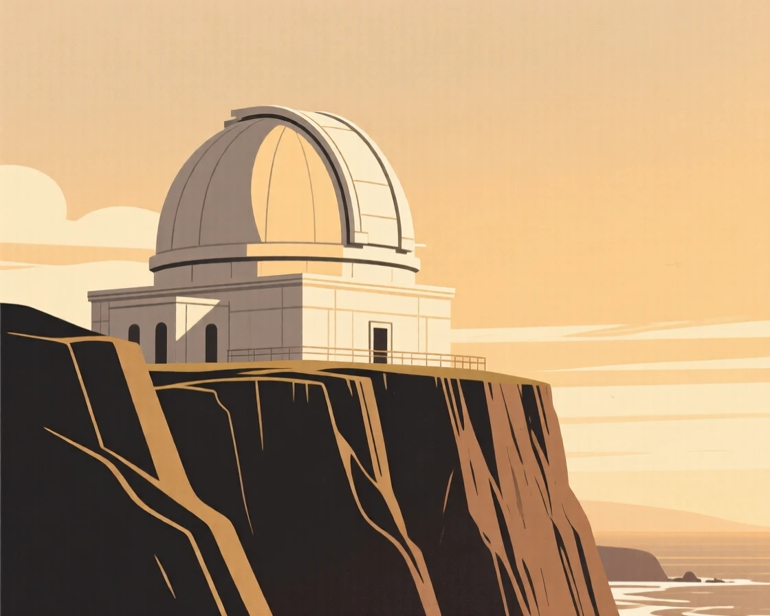 A view looking up at a domed observatory from a coastal cliffside, with warm evening light in frame, evoking historic charm.