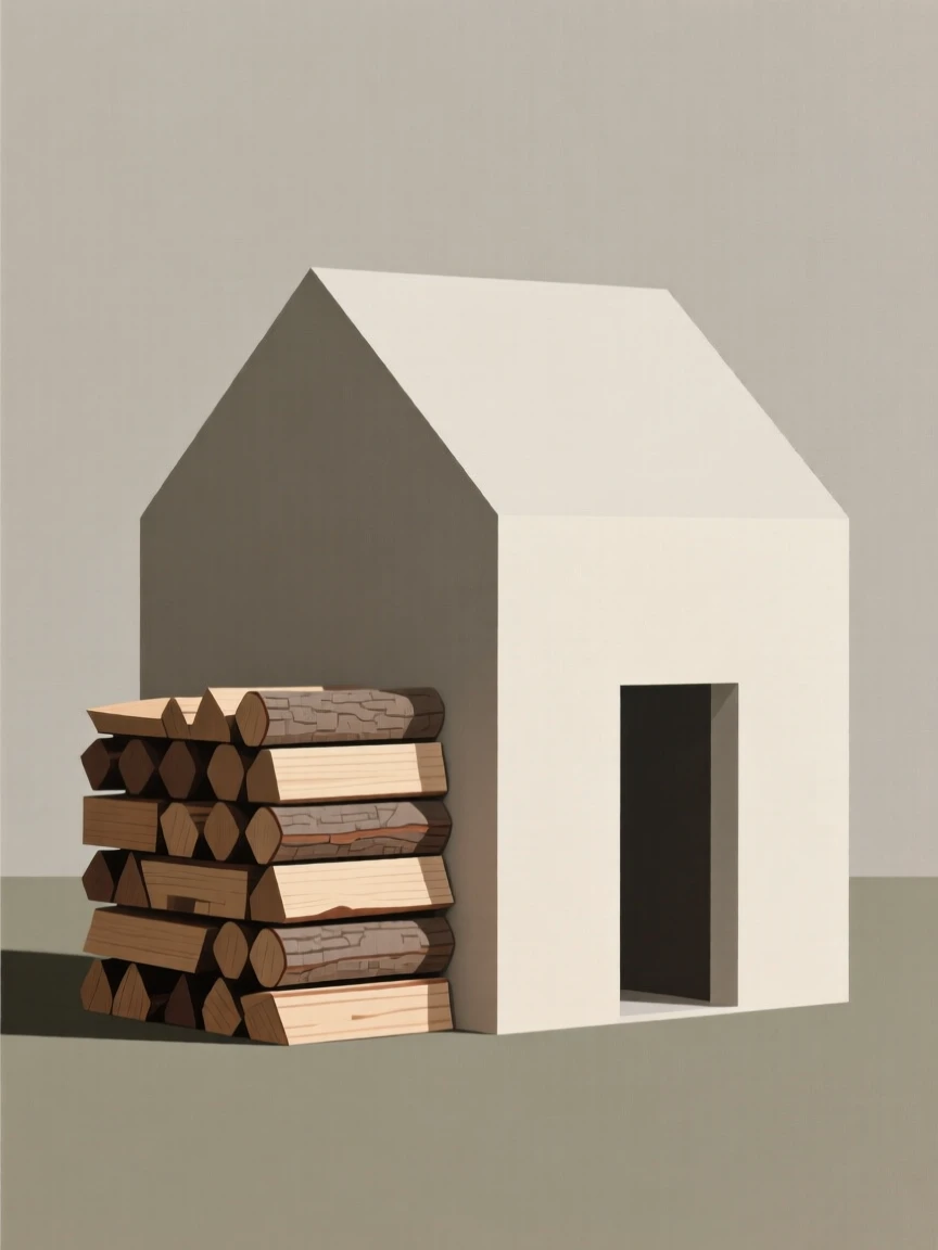 A stack of firewood beside a cabin