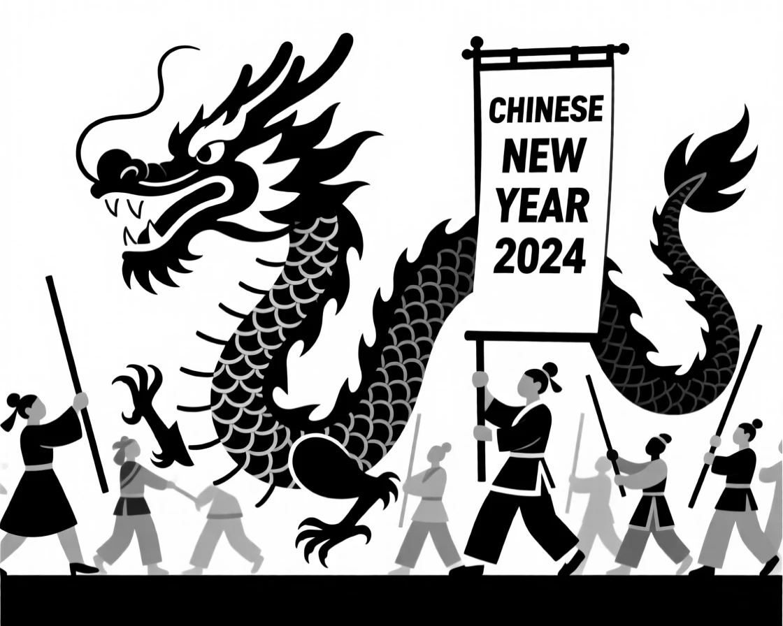 A Chinese New Year parade with a dragon dance.