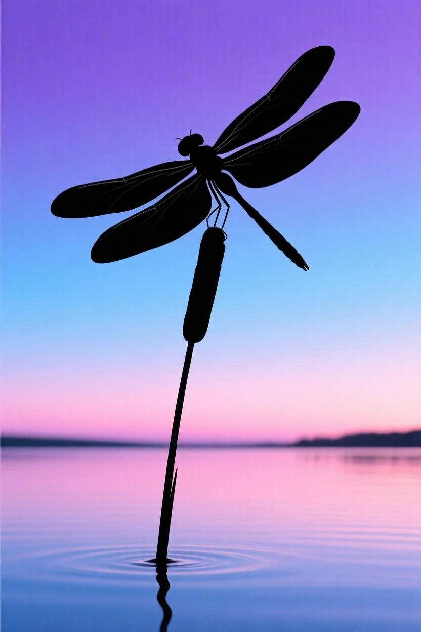 A single dragonfly resting on the tip of a reed above still water.