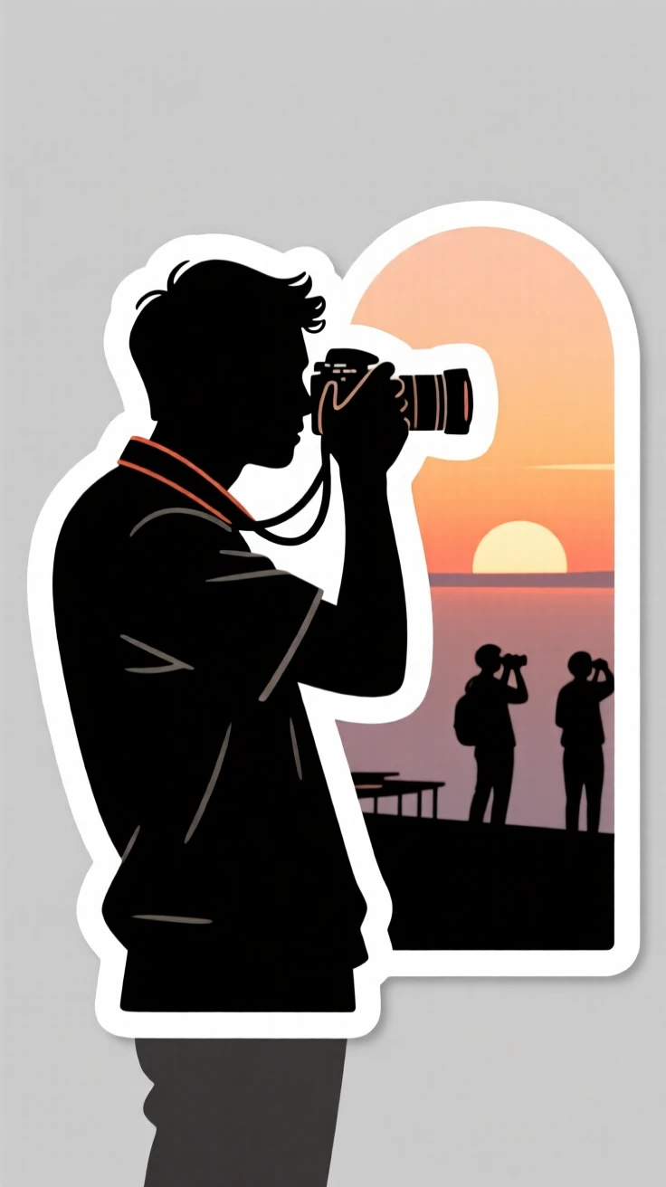 A determined and skilled photographer snapping a photo of a sunset, fully immersed in the creative process, in a small community class setting.