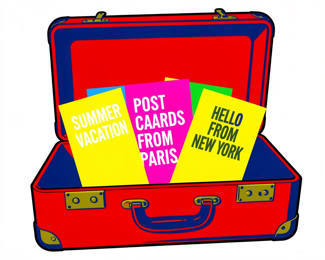 Vintage suitcase open revealing travel postcards
