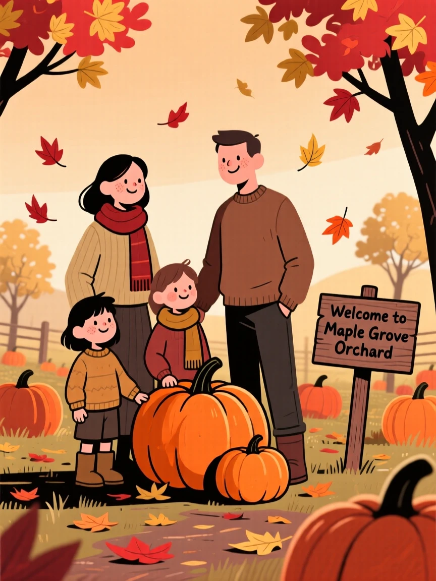 A family gathers pumpkins in a autumn orchard as red and gold leaves drift down around them under a soft amber sky.