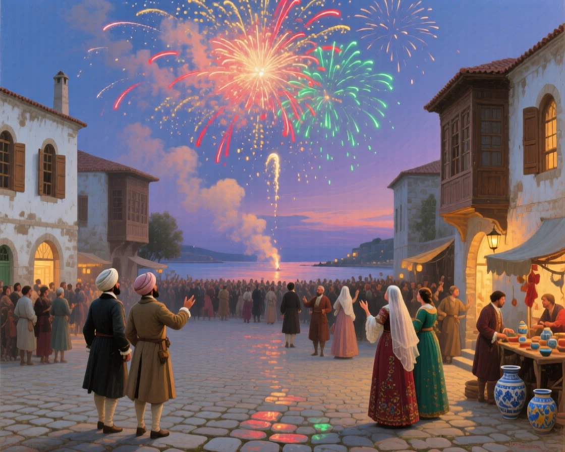 A well-framed scene of fireworks bursting above a crowded town square during a celebration, during the colonial era, along the Turkish coast.