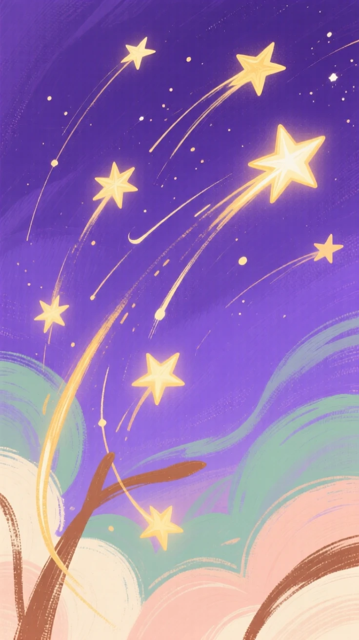 A cluster of shooting stars streaking across a deep purple sky