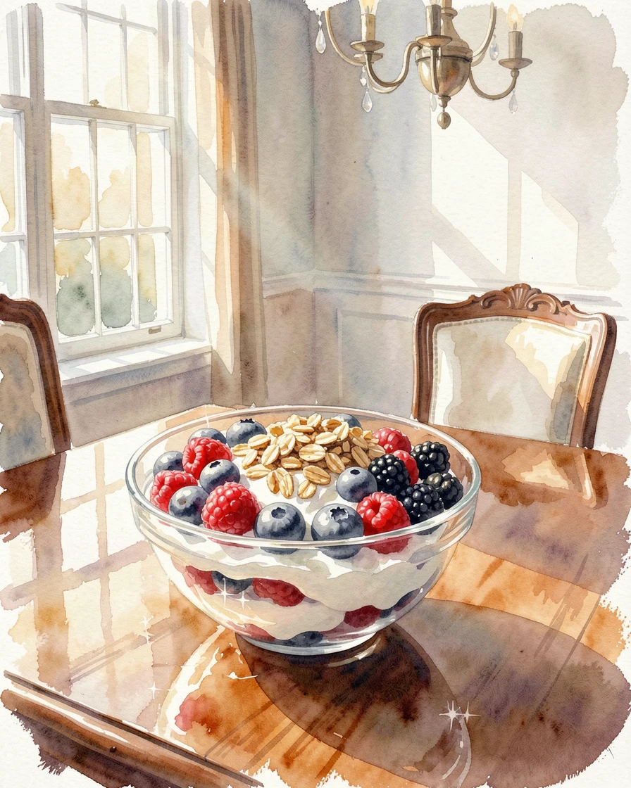 A bowl of fresh mixed berries with yogurt and granola in an elegant dining room setting with sunlight catching the glass.
