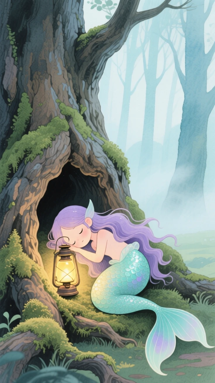 A tiny tiny mermaid curls asleep beside a glowing lantern in an ancient hollow oak, as a gentle mist curls through the trees