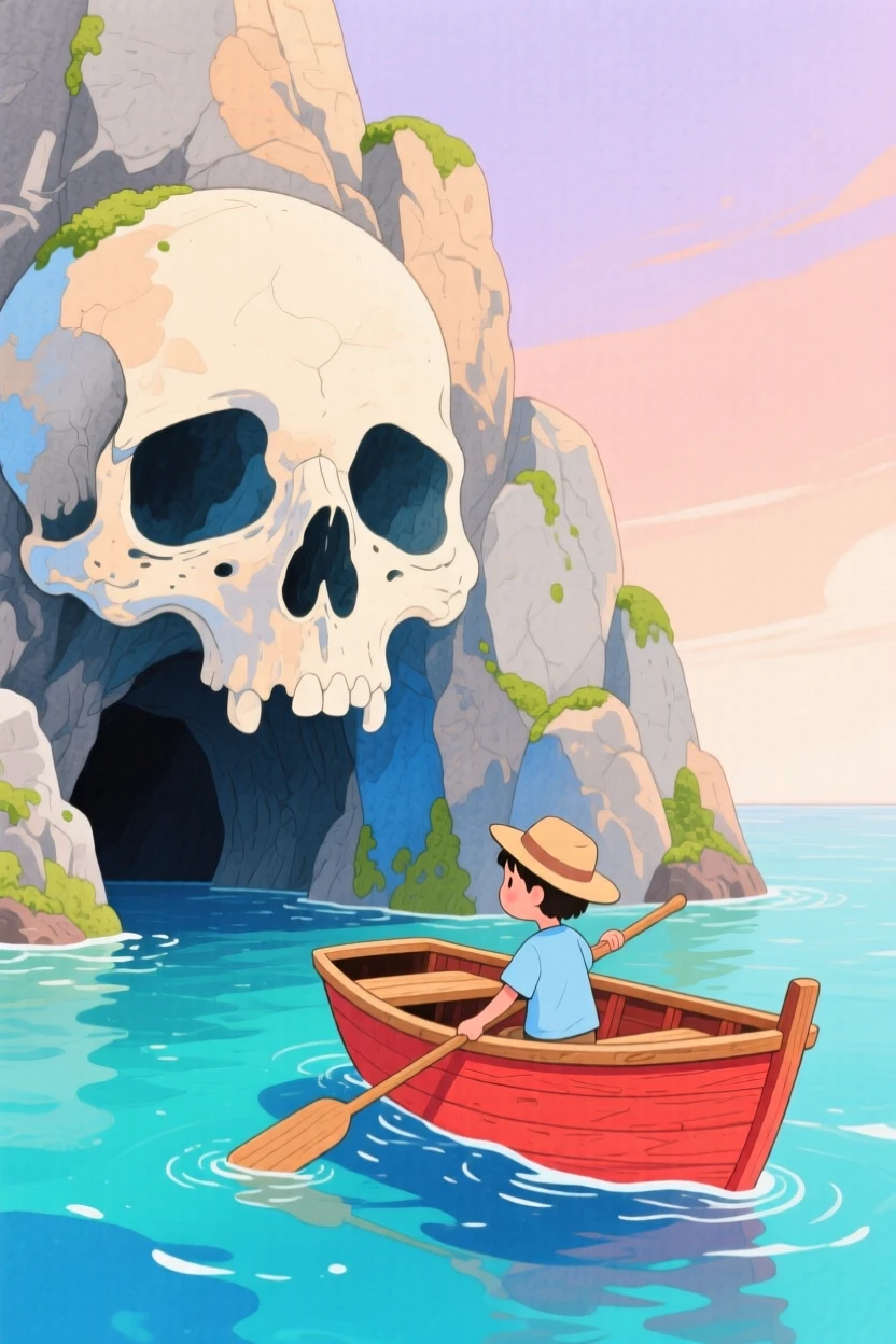 A small rowboat approaching a cave marked with a skull-shaped rock, full of mystery and excitement.