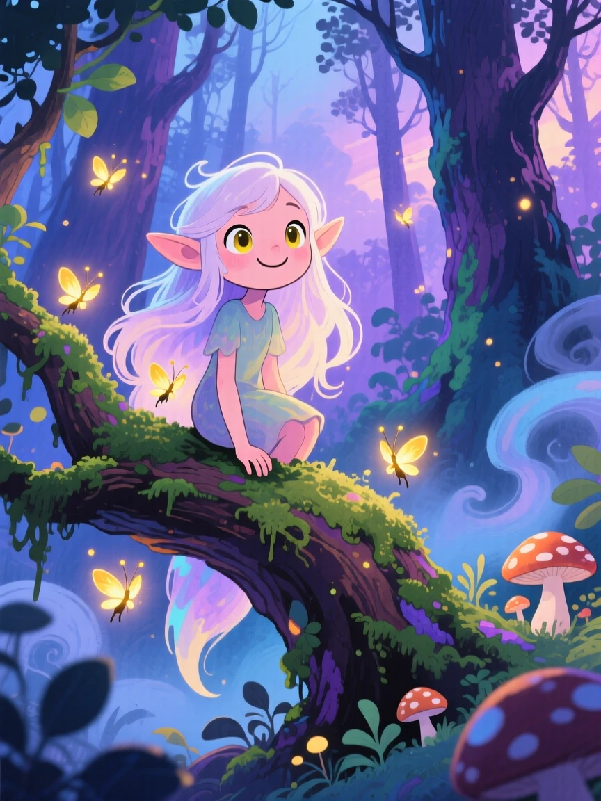 A friendly forest spirit perched on a mossy branch surrounded by fireflies, in an enchanted forest at twilight, evoking awe and quiet enchantment.