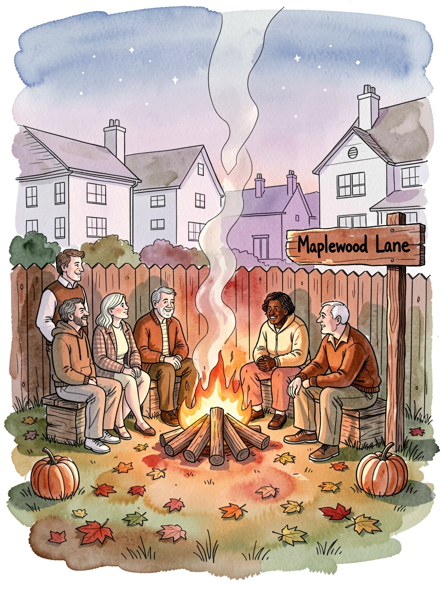A group of neighbors gathered around a bonfire on a cool autumn evening, the surrounding setting adding a sense of everyday charm.