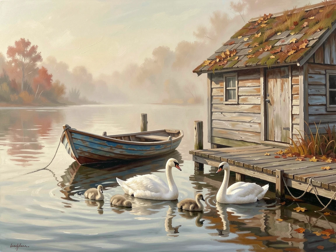 A small wooden rowboat tied to a dock, a family of swans gliding across the still surface, beside an old wooden boathouse, on a misty autumn morning.