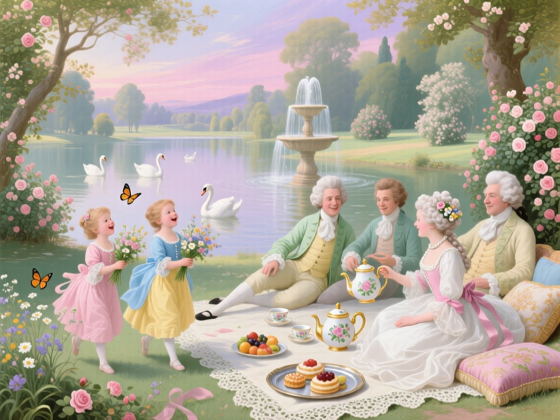 A royal picnic where children play beside a lake while adults converse  
