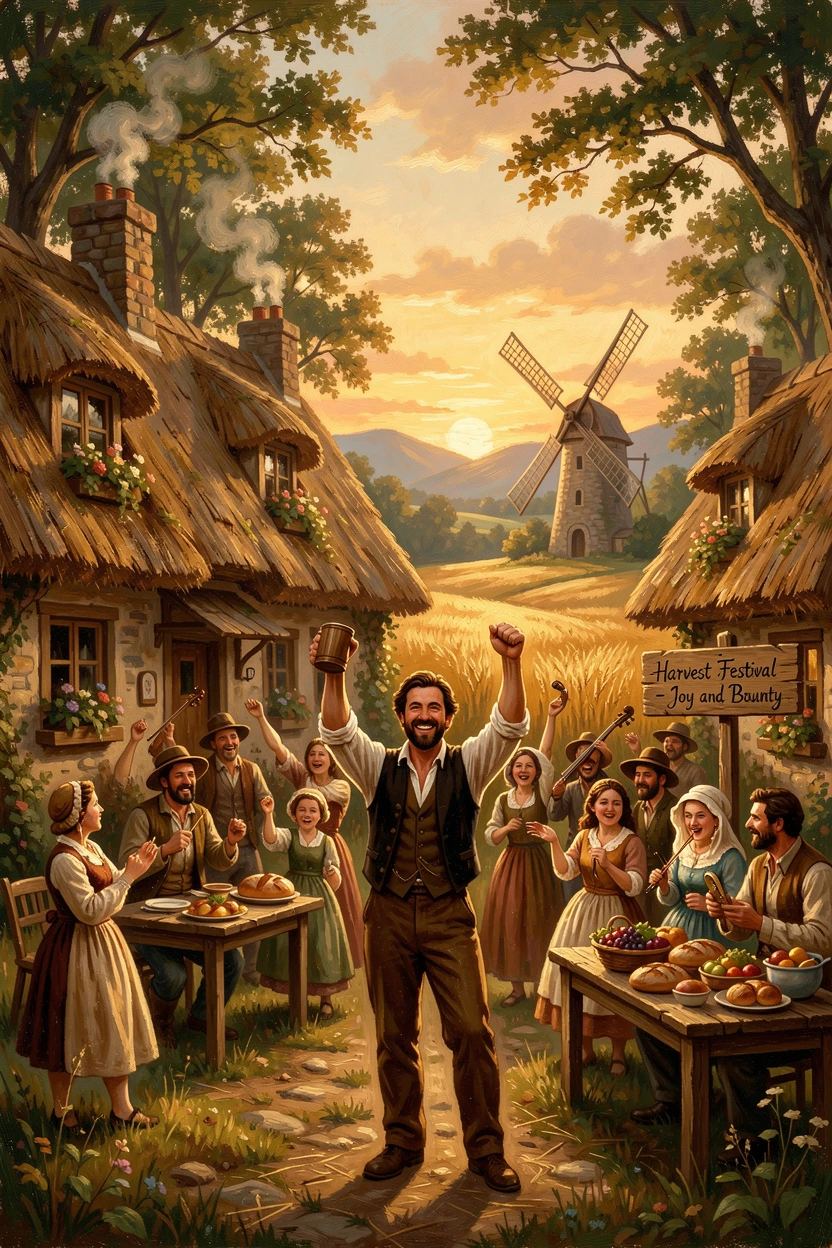A miller celebrates a festival in a quiet thatched-roof village on a warm harvest evening.
