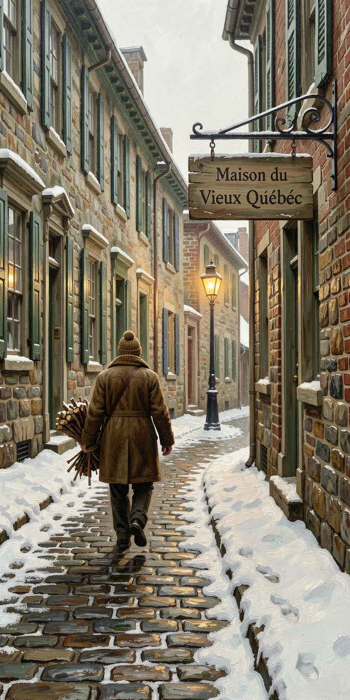 A quiet cobblestone street in old Quebec City dusted with fresh snow, with centuries of history visible in every weathered detail, designed to transport the viewer directly into the scene