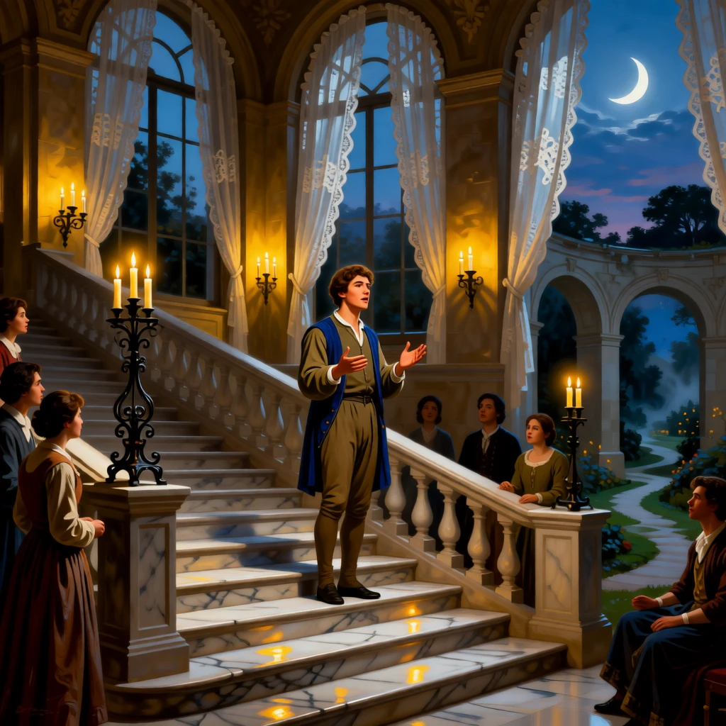 A young poet reciting verses to an enraptured garden gathering as the audience holds its breath in anticipation, set beside a grand staircase lit by flickering candelabra, with a crescent moon rising behind delicate lace curtains; receding archways create a sense of stepping into another world, radiating whimsy touched with gentle melancholy.