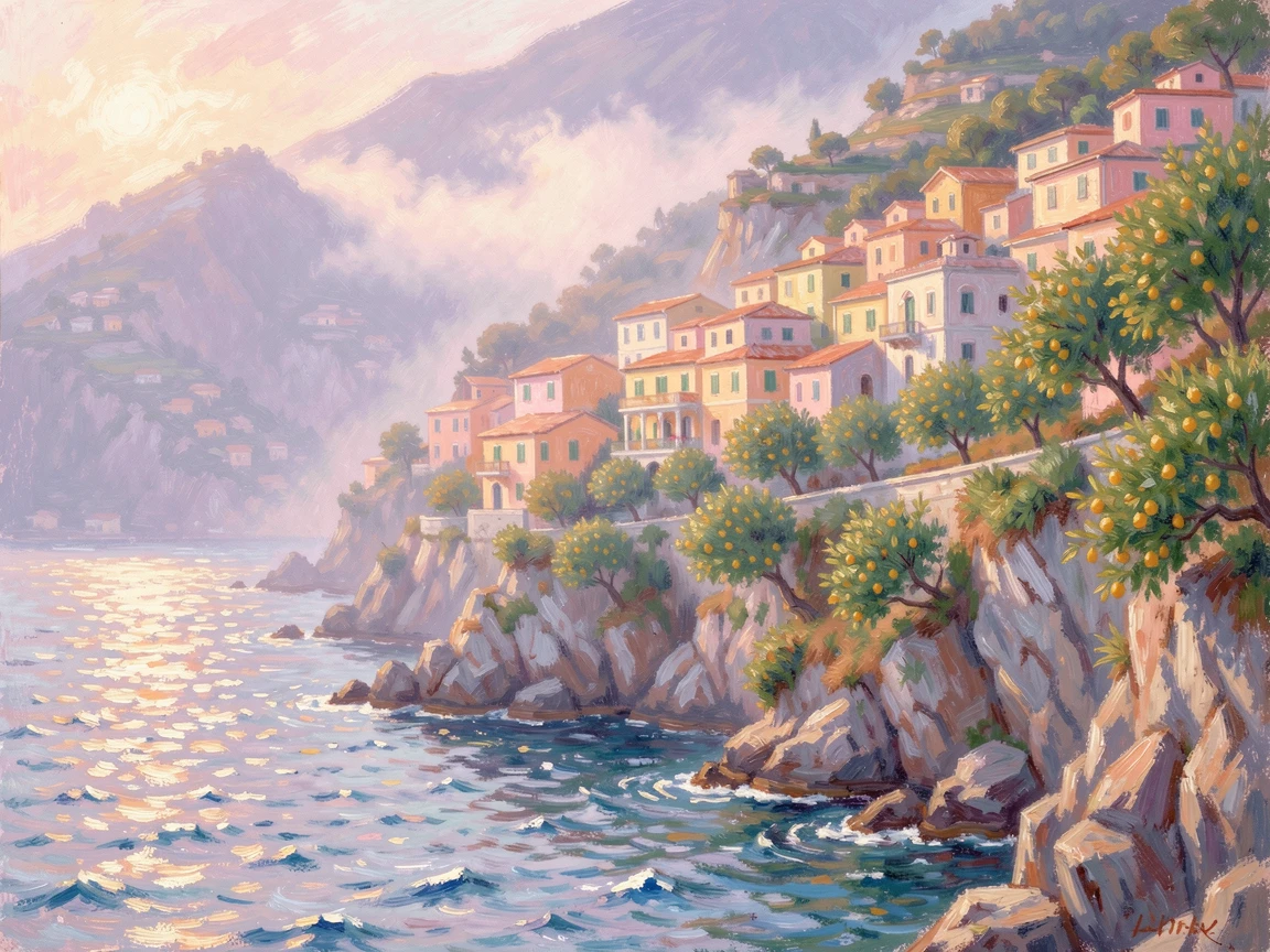 A cliffside village in the Amalfi coast, lemon groves cascading down toward a sparkling blue sea, as the first light of dawn breaks.
