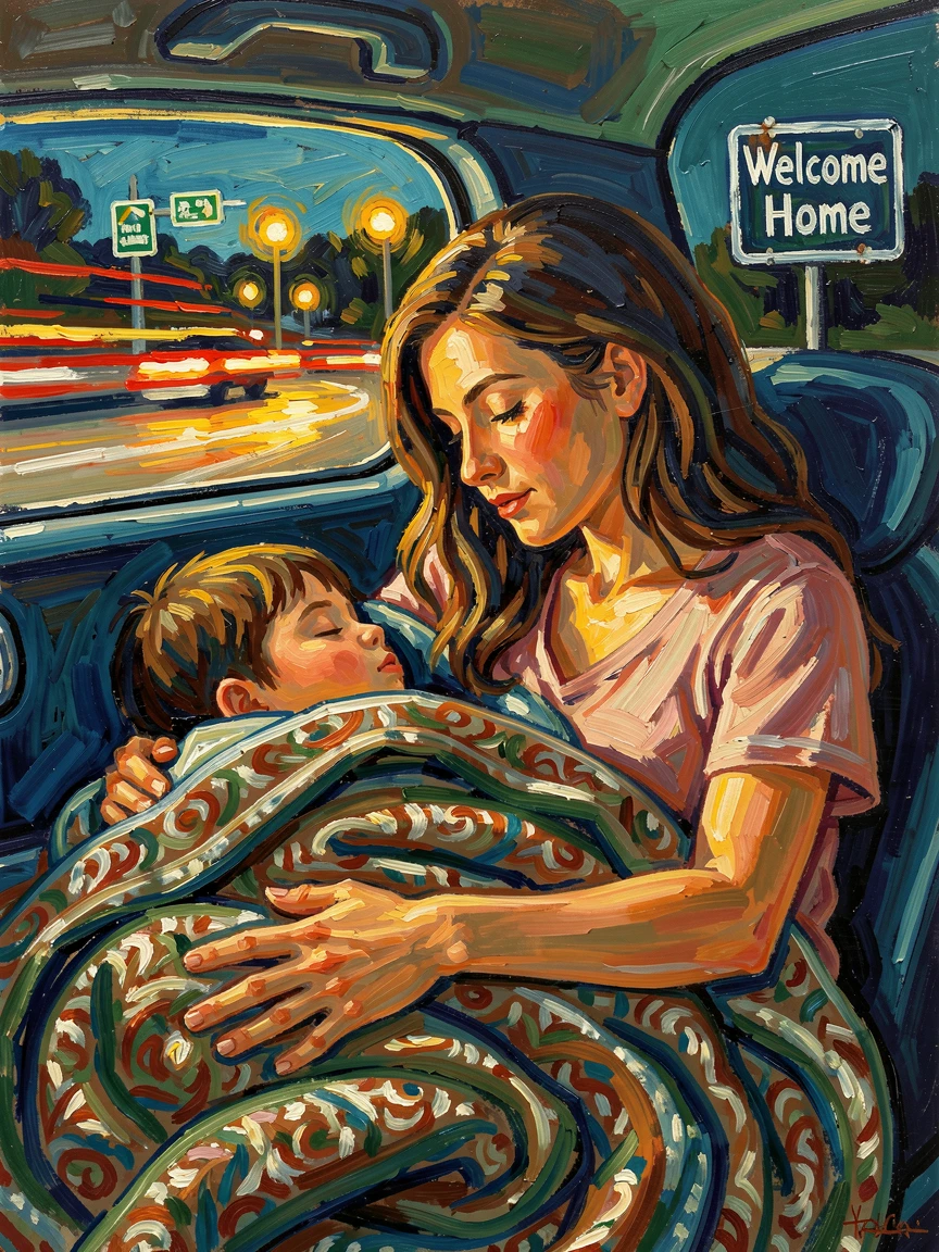 A mother tucking a blanket around her sleeping child on a long car ride home.