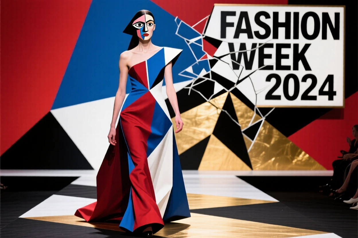 A fashion model walking a runway in a dramatic flowing evening gown.