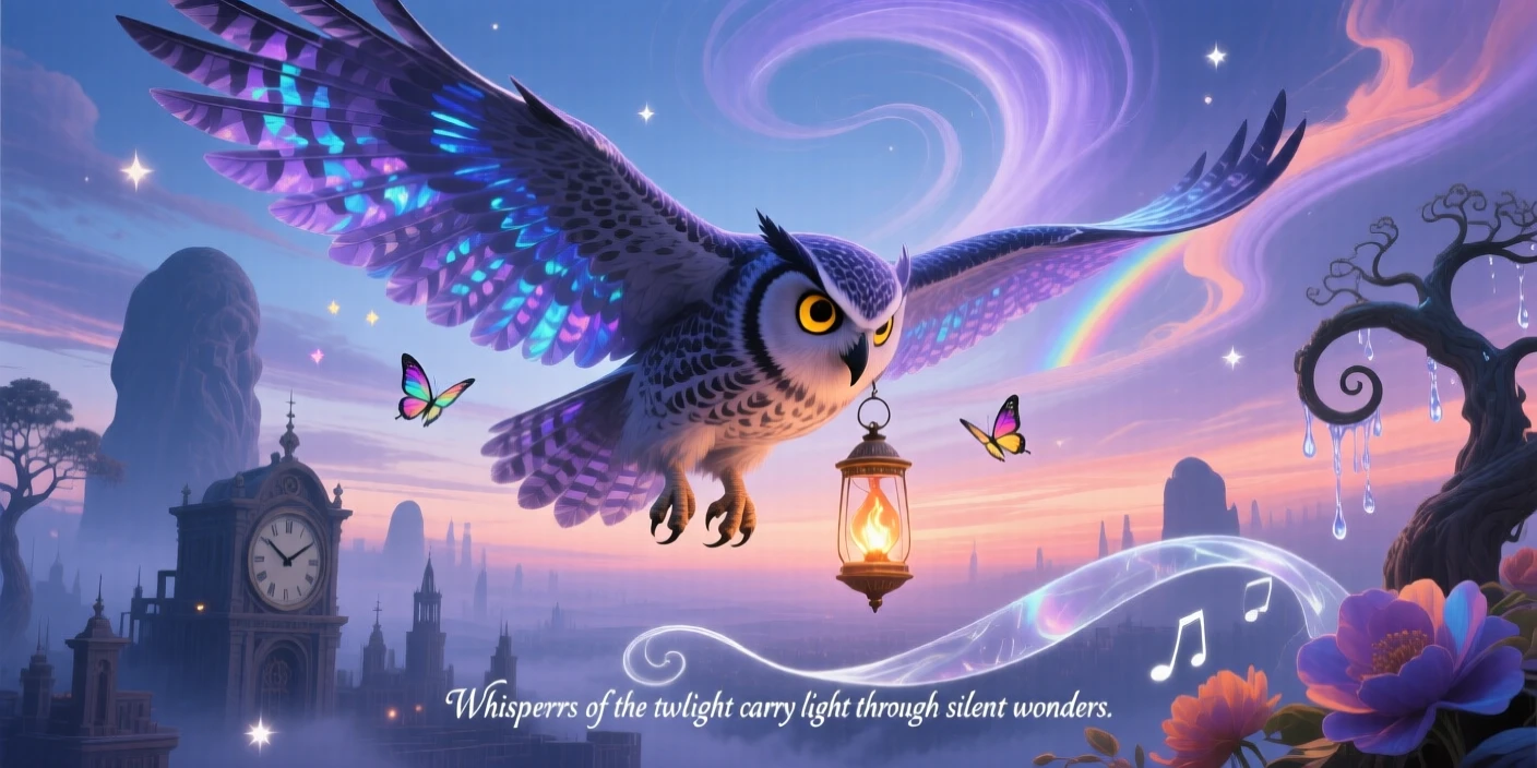 An owl carrying a small glowing lantern in its outstretched talons drifts silently beneath a sky painted in soft twilight colors, as the surrounding world holds still in quiet wonder.