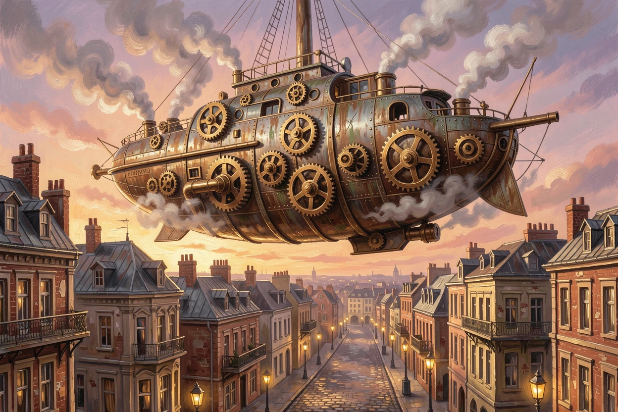 A steampunk airship drifts above a Victorian-inspired cityscape at sunset, brass gears and billowing steam visible along its ornate hull, the setting suggesting centuries of untold stories embedded in every weathered surface.
