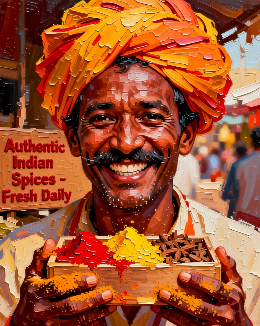 A striking portrait of an Indian spice trader, caught mid-laugh, eyes crinkled with genuine warmth