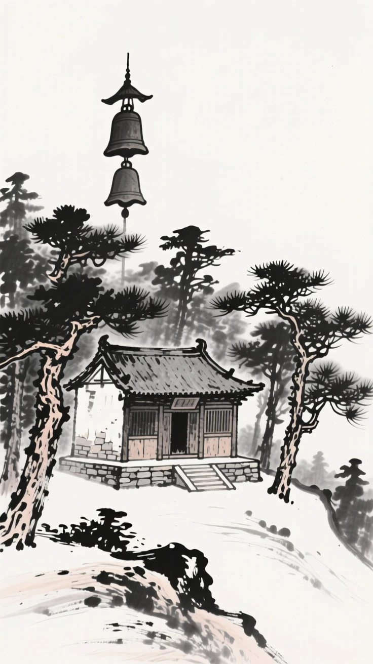 A weathered temple sits nestled among pine trees on a mountain slope, with a bell tower rising above the surrounding trees.