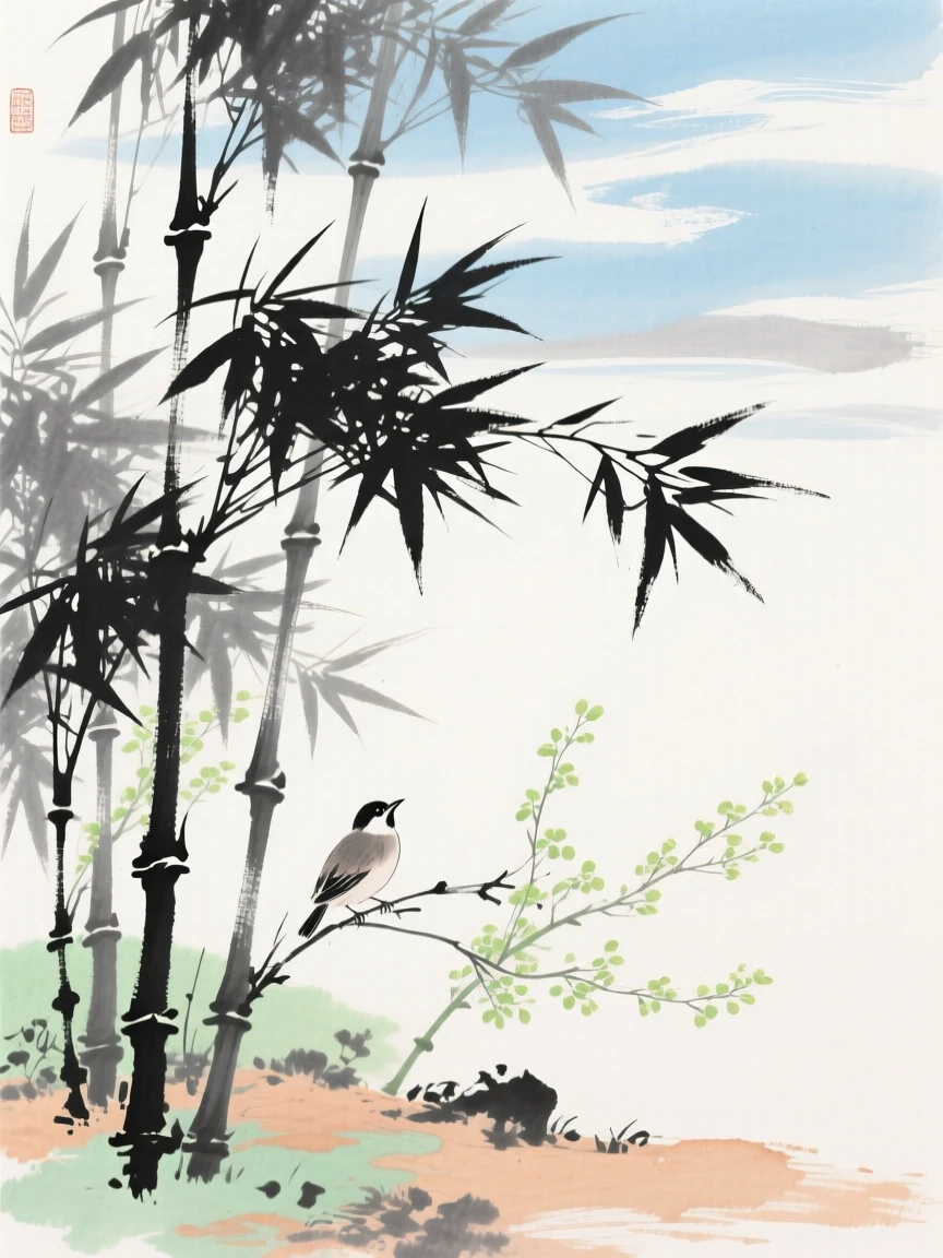 Bamboo swaying gently with a small bird sheltering among the leaves, in early spring, suffused with quiet joy, under a sky streaked with clouds.