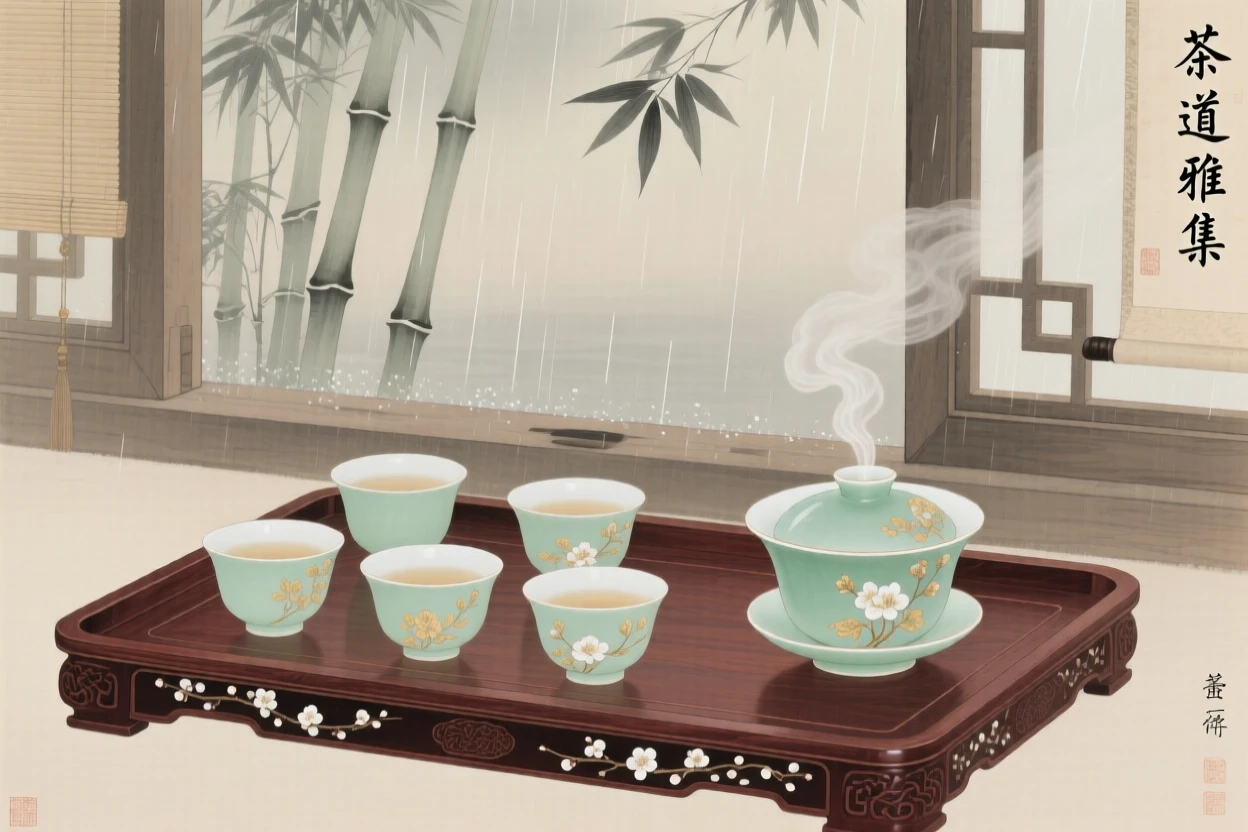 A tray of tea cups arranged for a ceremony beside an open window with rain falling outside
