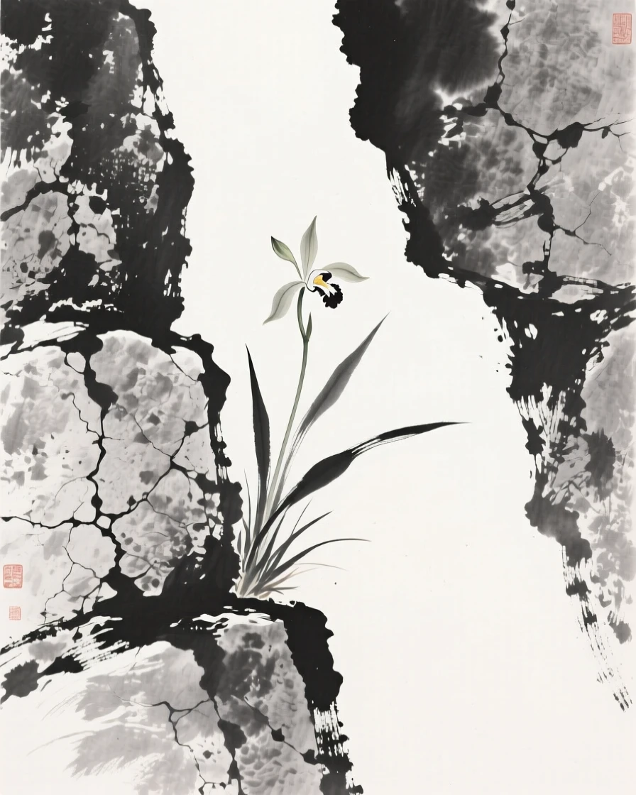 A wild orchid growing from a rock crevice growing from a crack in an old stone wall, framed asymmetrically for quiet visual balance, conveying gentle stillness and natural harmony.