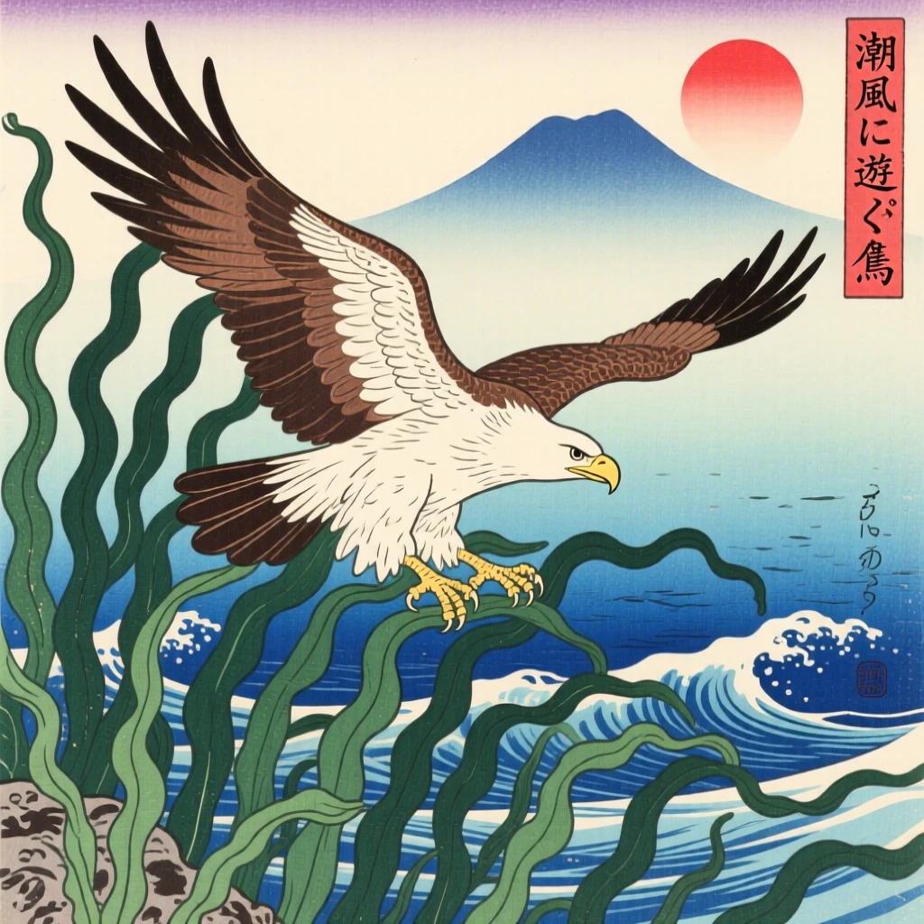 A soaring eagle playing among coastal kelp beds.