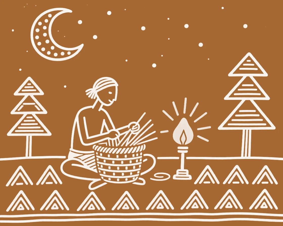 A basket maker working late into the evening by lamplight.
