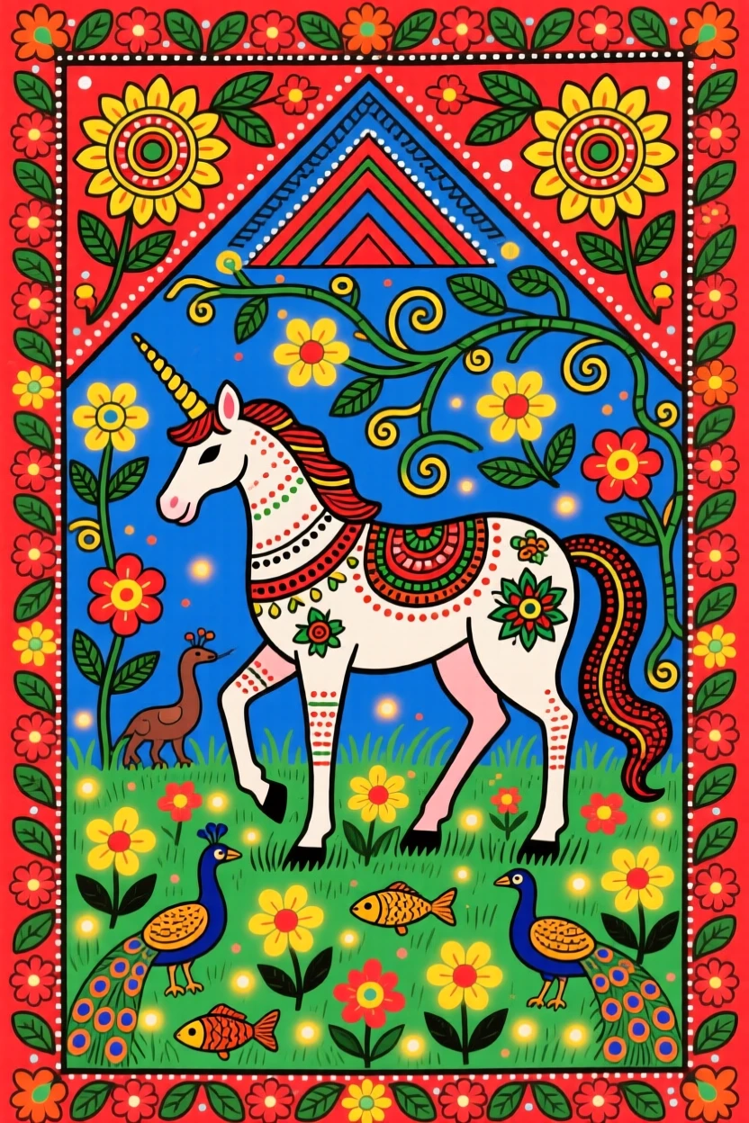 A unicorn grazing peacefully in a meadow of glowing flowers.