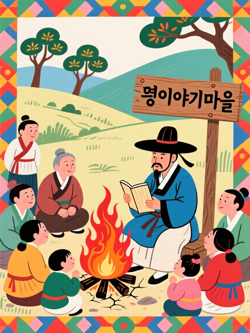 A traveling merchant sharing tales with villagers around a crackling fire.
