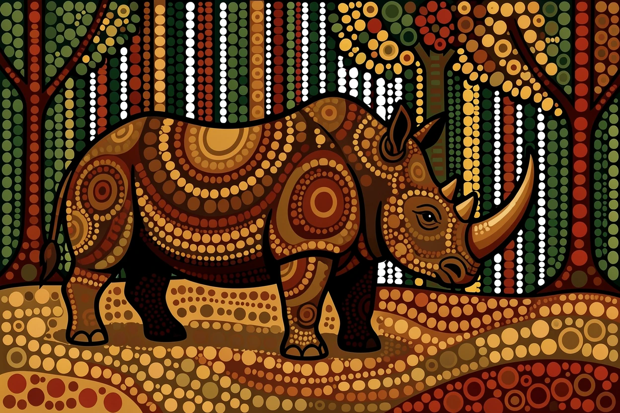 A rhinoceros pausing at the edge of a forest