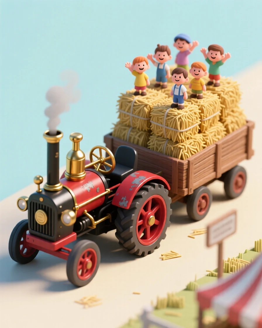 A vintage steam tractor pulling a hay wagon through a county fair, children waving from the top of the stacked bales.