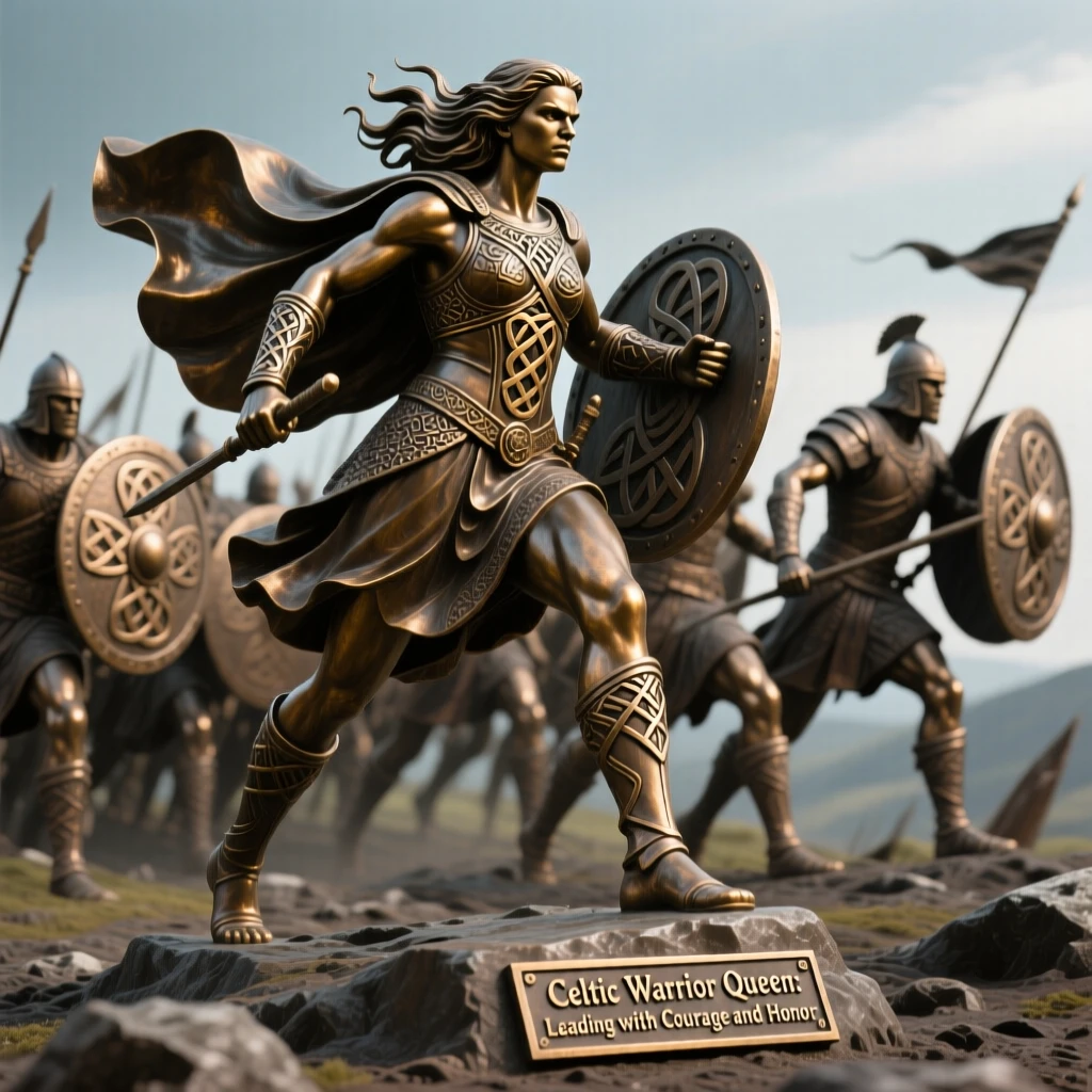 A celtic warrior queen leading her clan into battle, captured at the peak of a powerful movement, forming a strong central focal point