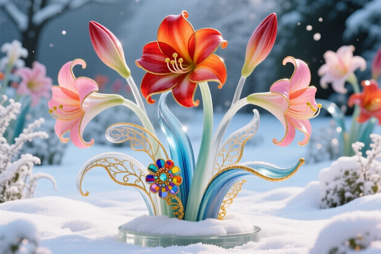 A field of blooming amaryllis in a snow-covered winter garden, striking and warm.