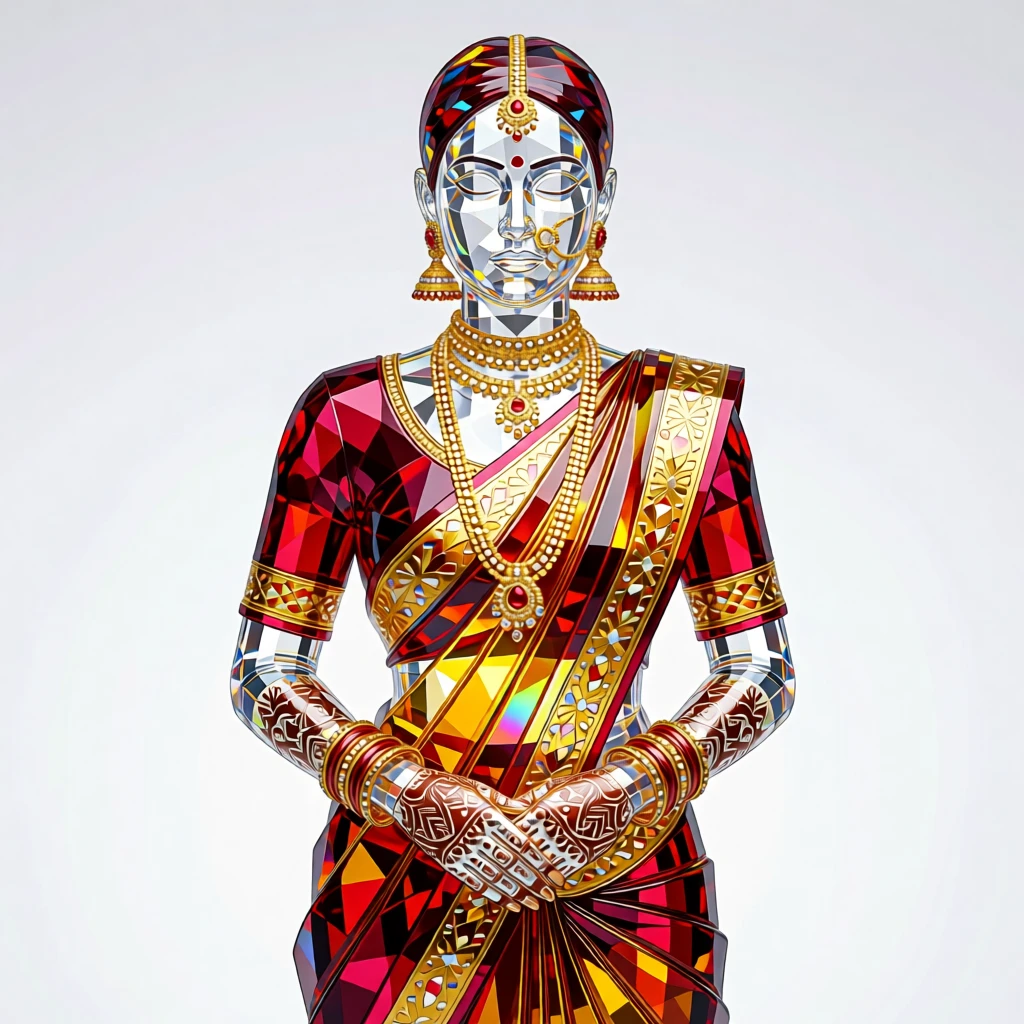 A traditional Indian bride adorned in intricate henna and gold jewelry during a wedding ceremony.