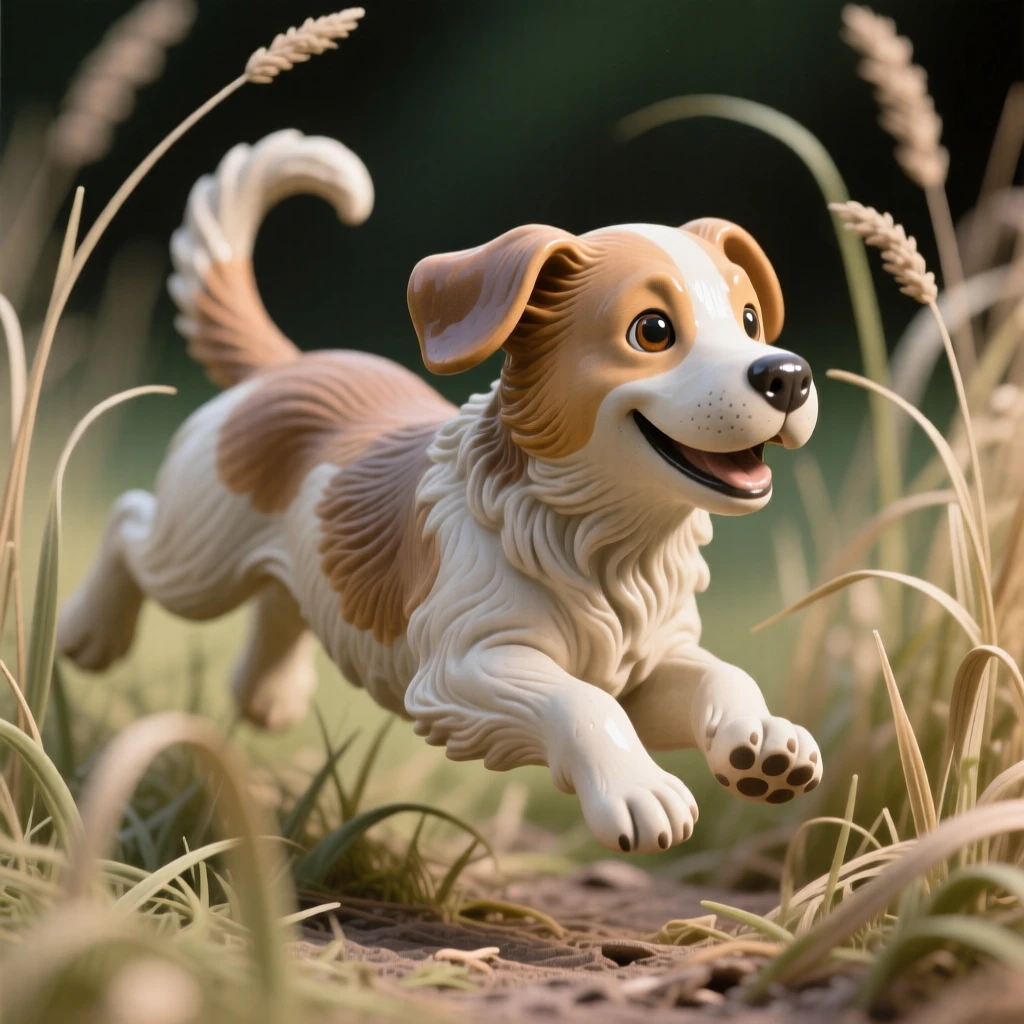 A puppy chasing its tail bounding joyfully through tall grass, with wind rippling through its fur, suggesting a deep bond between mother and young.