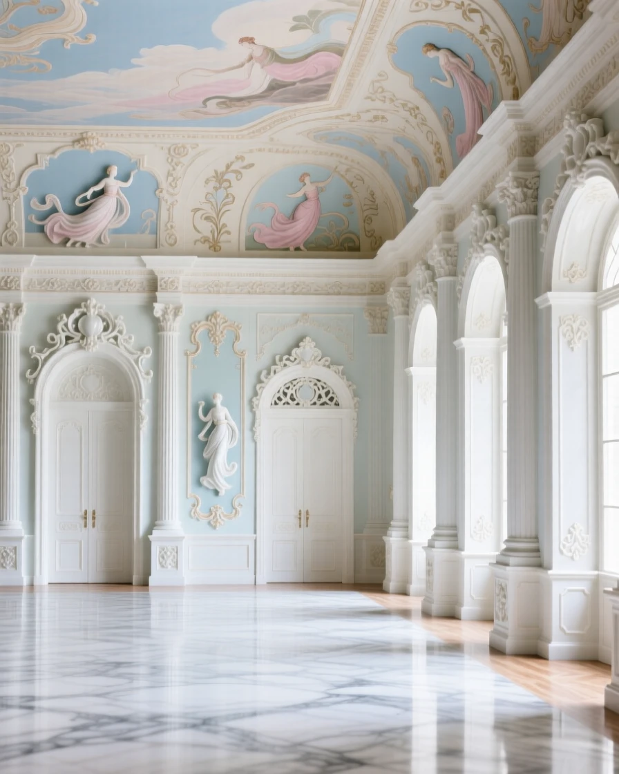 The ornate interior of a grand ballroom, intricate ceiling frescoes overhead.