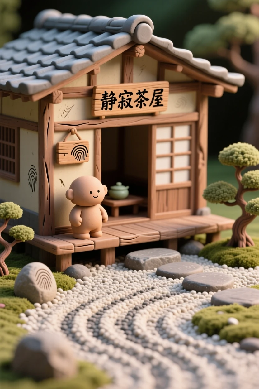 A quiet Japanese tea house beside a raked gravel garden