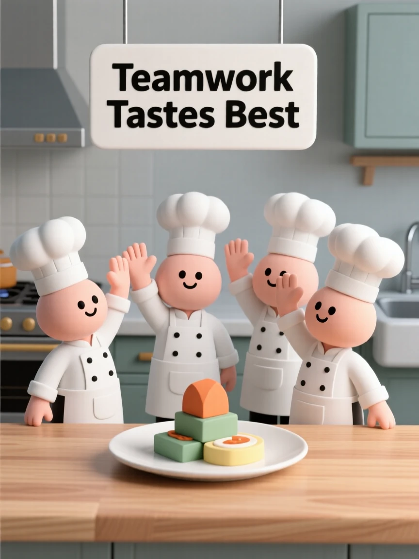 A group of chefs high-five each other in a busy kitchen after plating a stunning final dish.