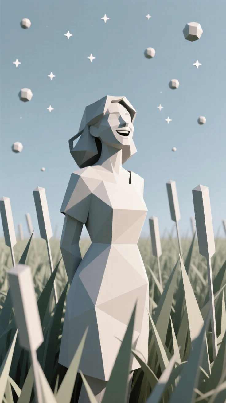 A woman standing in a field of tall golden grass, beneath a sky full of stars. a shallow depth of field keeps focus on the subject's face. The scene radiates pure joy.